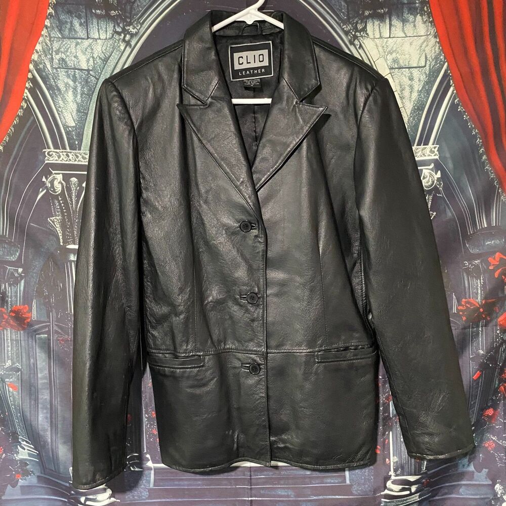 CLIO LEATHER 3 Button Black Long Sleeve Jacket Collared Men's Medium - Vintage